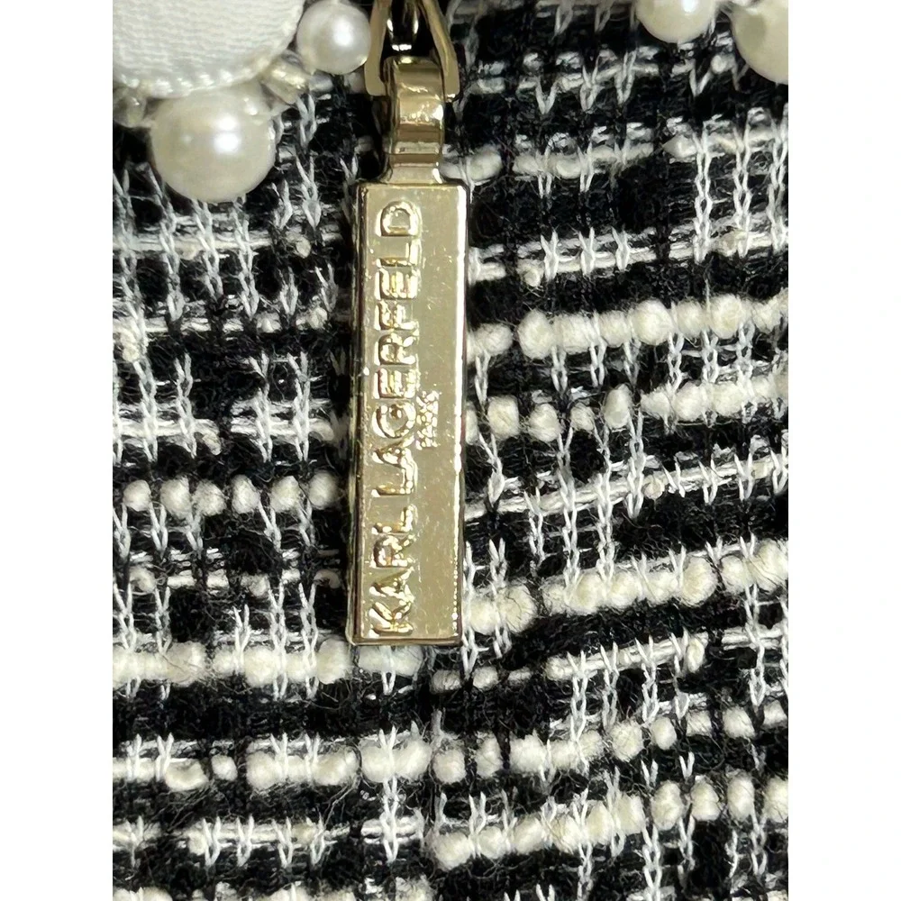 Karl Lagerfeld Paris Tweed Mini Dress Black Whte Faux Pearl Short Puff Sleeve 12 - Picture 13 of 16